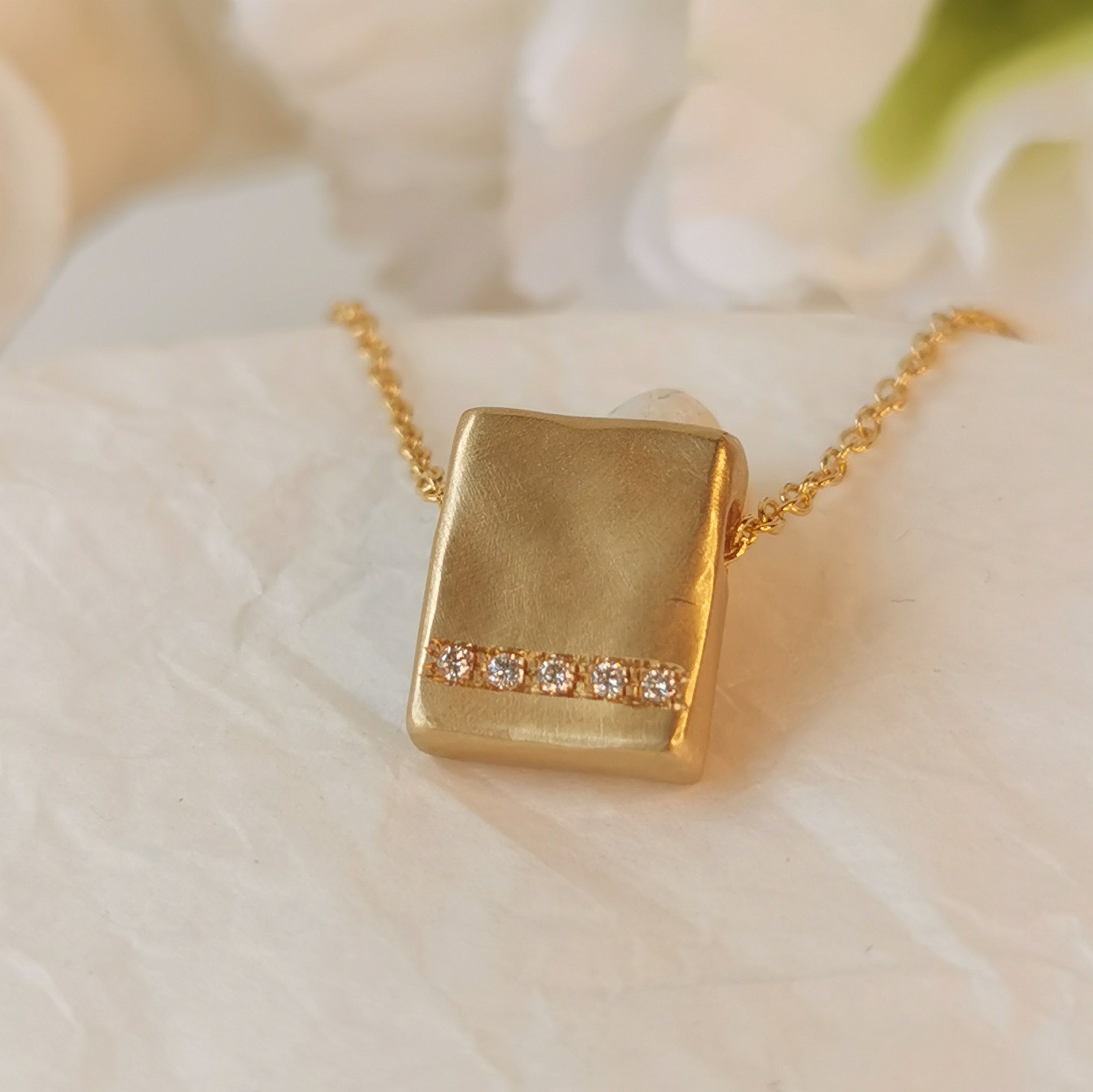 14k Gold Square Pendant Necklace with 5 Diamonds-ZadokGold