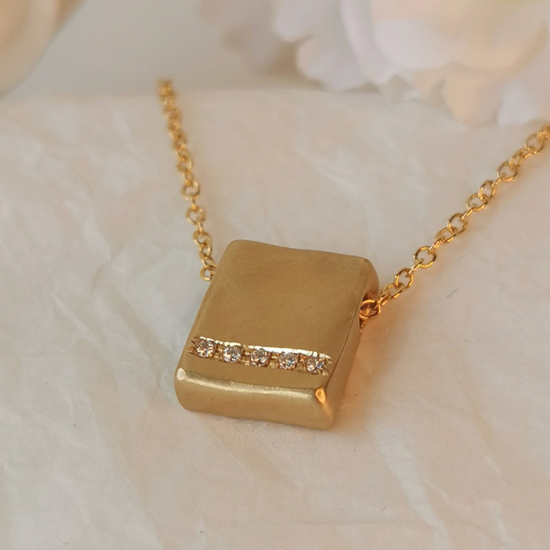 14k Gold Square Pendant Necklace with 5 Diamonds-ZadokGold