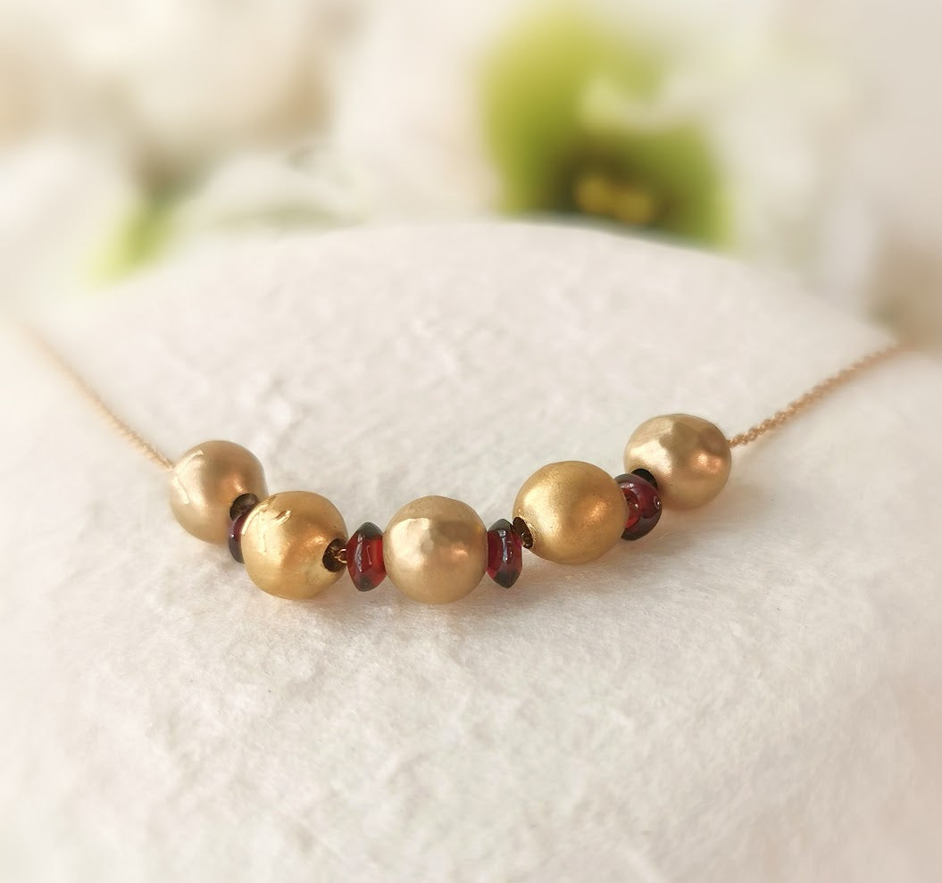 18k Gold Large Bead Ball Necklace with Red Garnet Beads