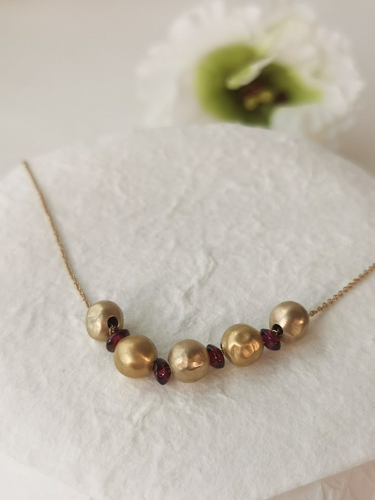 18k Gold Large Bead Ball Necklace with Red Garnet Beads