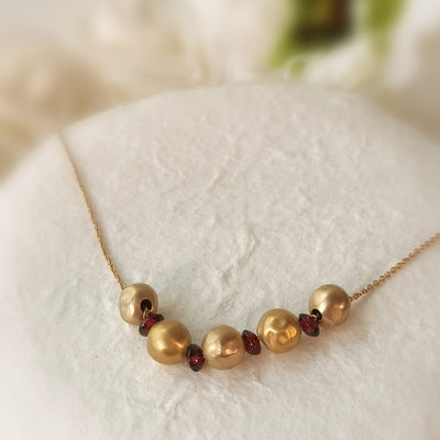 18k Gold Large Bead Ball Necklace with Red Garnet Beads