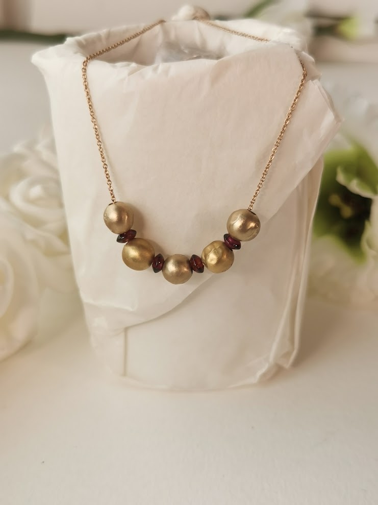 18k Gold Large Bead Ball Necklace with Red Garnet Beads