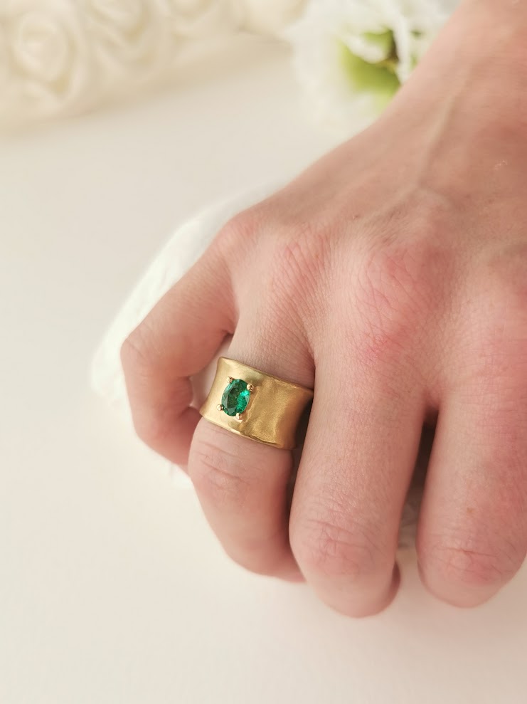 Green Emerald Large 12mm Wide 18k Gold Band Ring