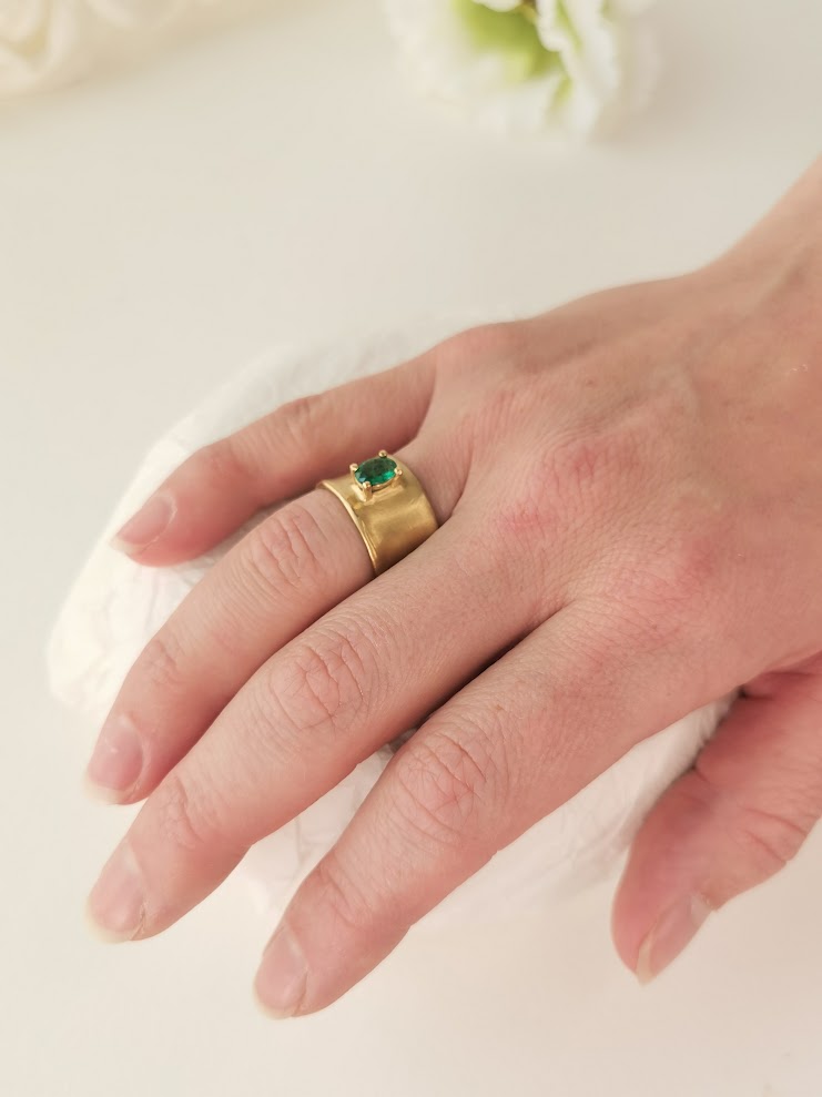 Green Emerald Large 12mm Wide 18k Gold Band Ring