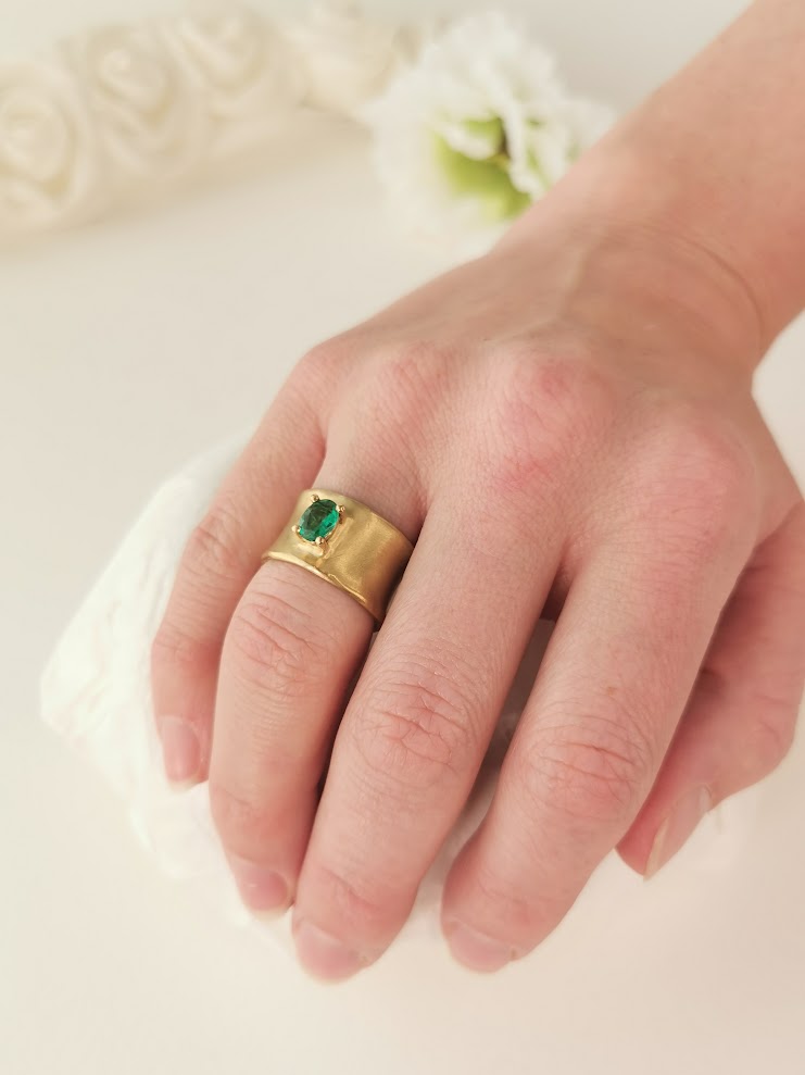 Green Emerald Large 12mm Wide 18k Gold Band Ring