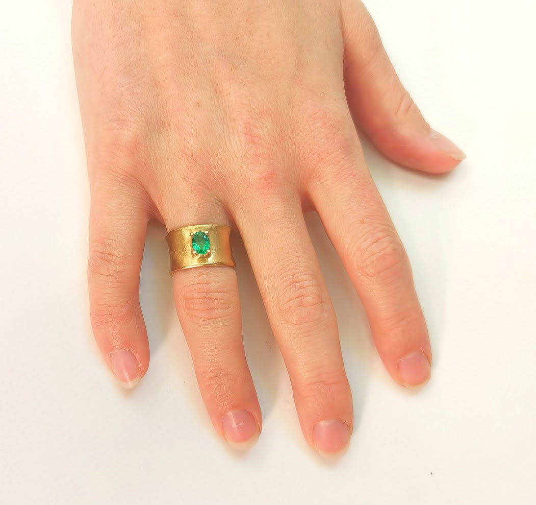 Green Emerald Large 12mm Wide 18k Gold Band Ring