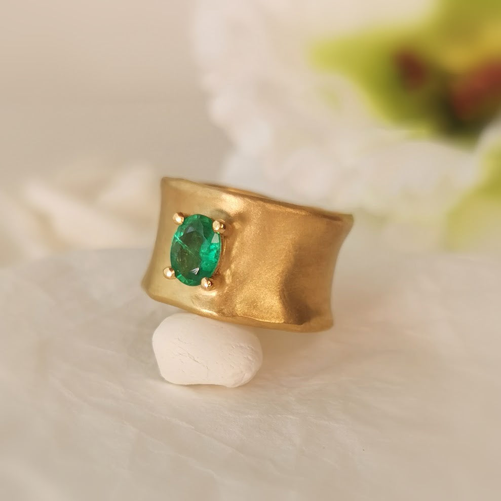 Green Emerald Large 12mm Wide 18k Gold Band Ring