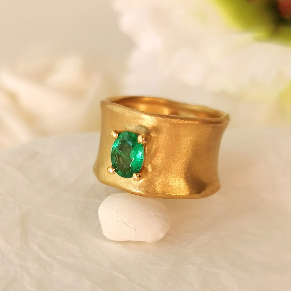 Green Emerald Large 12mm Wide 18k Gold Band Ring