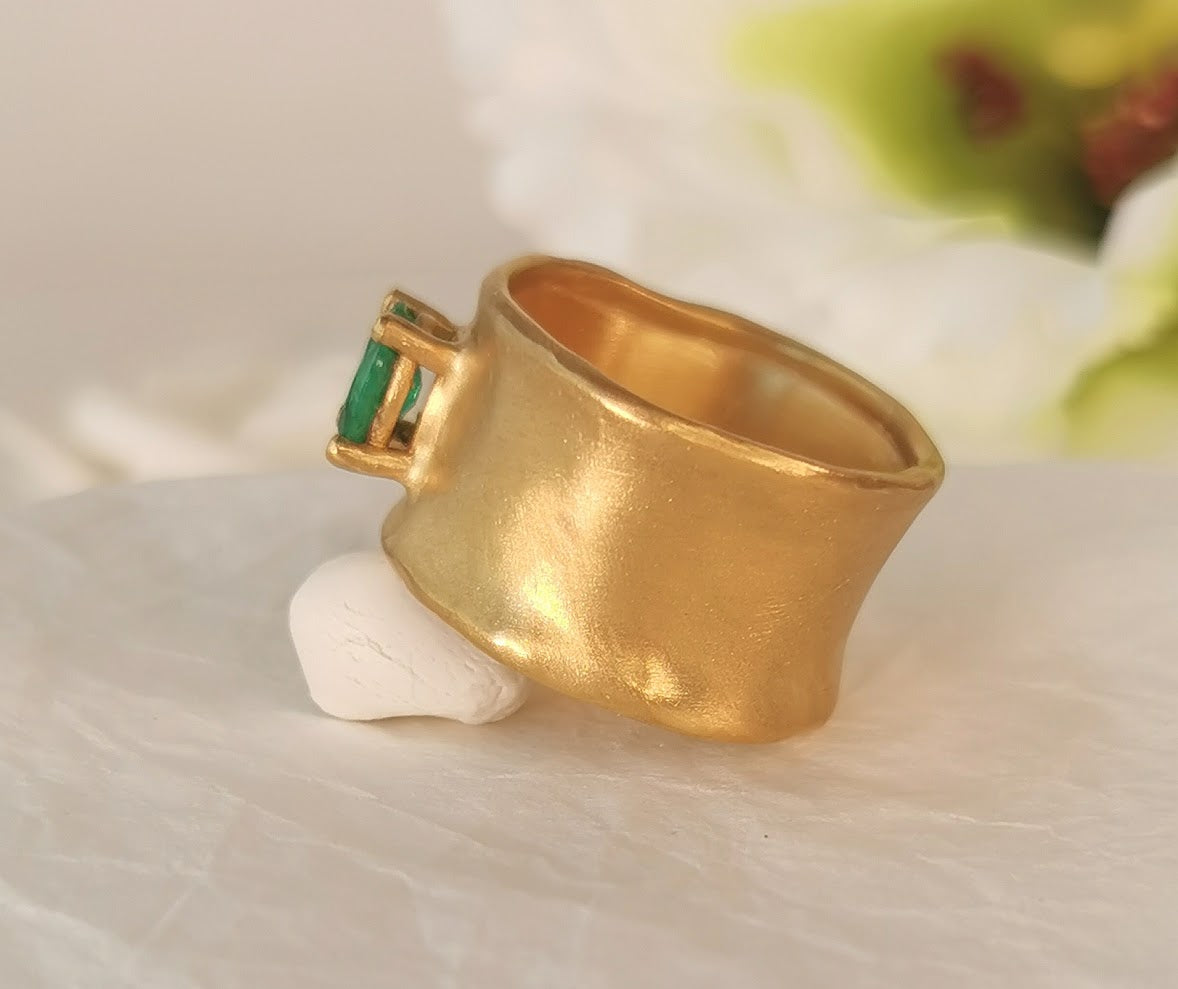 Green Emerald Large 12mm Wide 18k Gold Band Ring