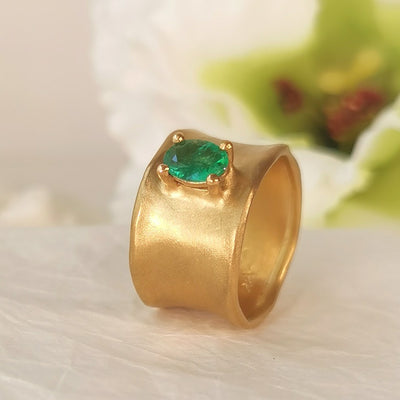 Green Emerald Large 12mm Wide 18k Gold Band Ring-ZadokGold