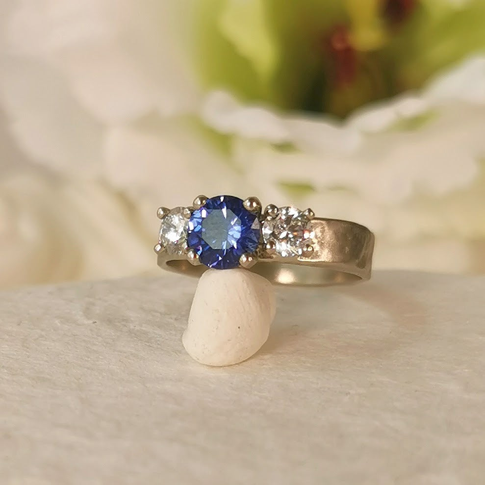 Large Sapphire and 2 Diamonds White Gold Engagement Ring