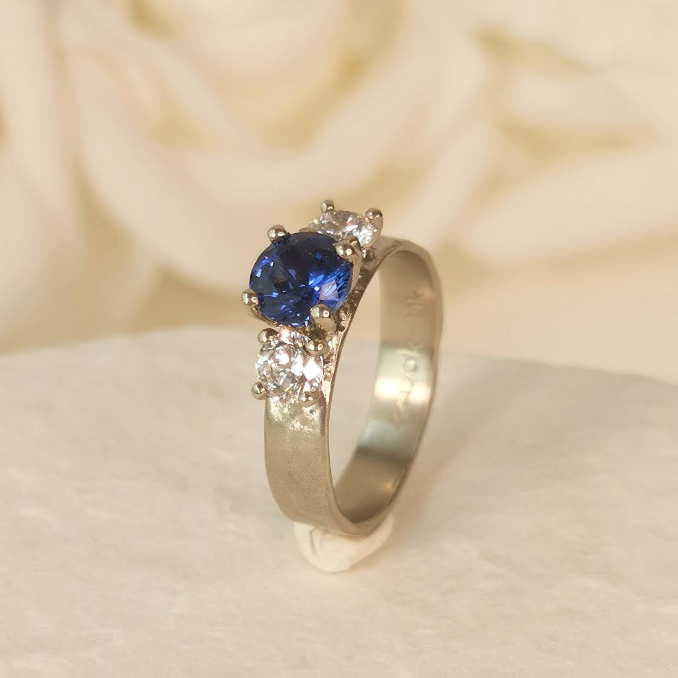 Large Sapphire and 2 Diamonds White Gold Engagement Ring