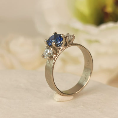 Large Sapphire and 2 Diamonds White Gold Engagement Ring