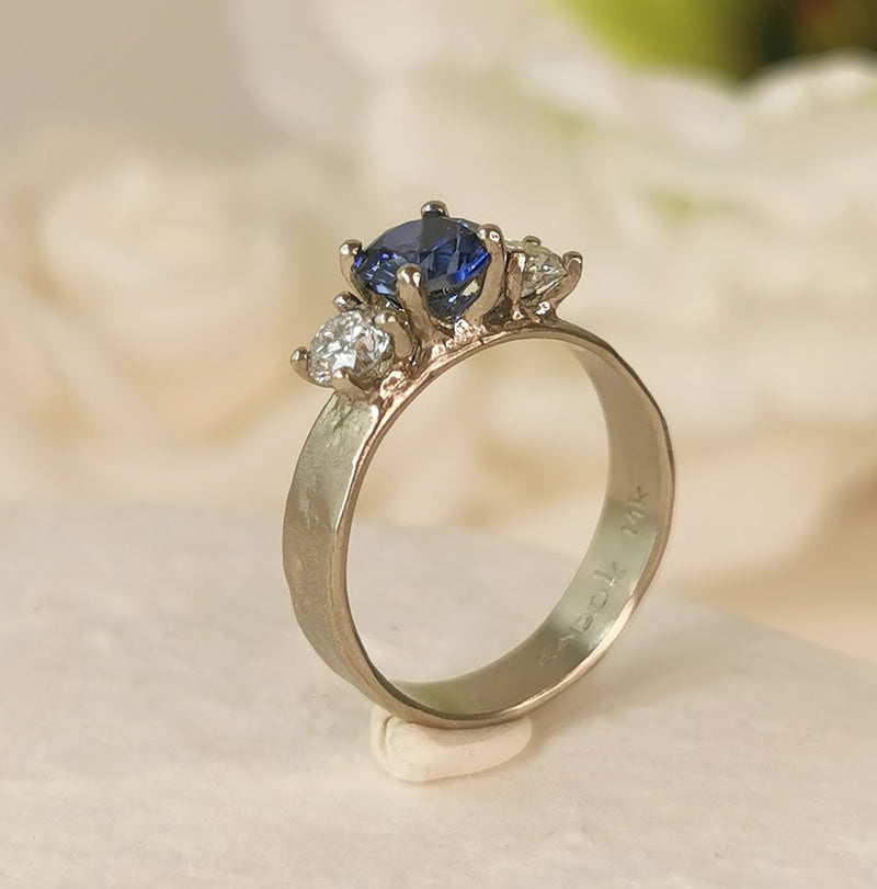 Large Sapphire and 2 Diamonds White Gold Engagement Ring