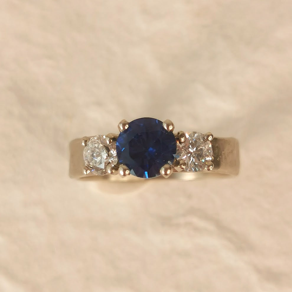 Large Sapphire and 2 Diamonds White Gold Engagement Ring