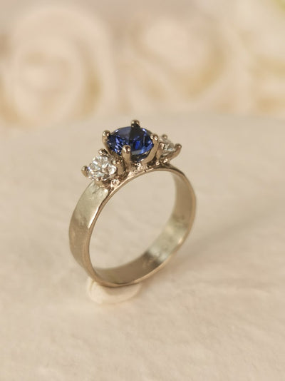 Large Sapphire and 2 Diamonds White Gold Engagement Ring