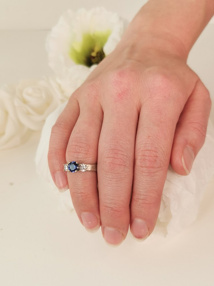 Large Sapphire and 2 Diamonds White Gold Engagement Ring