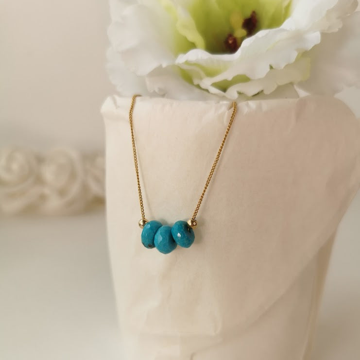 Carved Natural Blue Turquoise 3 Bead Necklace