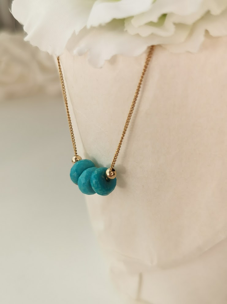 Carved Natural Blue Turquoise 3 Bead Necklace