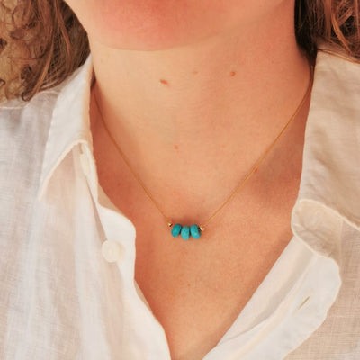 Carved Natural Blue Turquoise 3 Bead Necklace