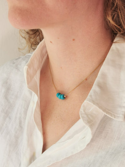 Carved Natural Blue Turquoise 3 Bead Necklace