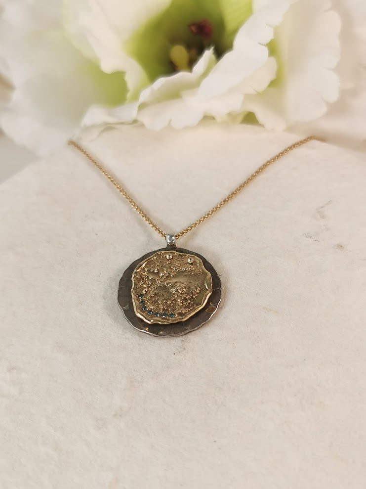 18k Gold Coin Medallion Pendant Necklace With Small Blue Diamonds