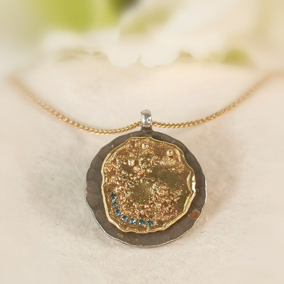 18k Gold Coin Medallion Pendant Necklace With Small Blue Diamonds