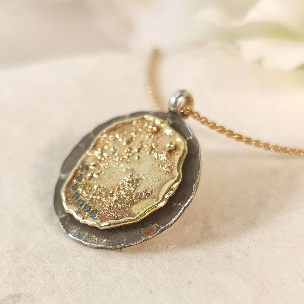 18k Gold Coin Medallion Pendant Necklace With Small Blue Diamonds