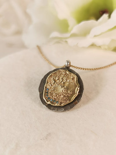 18k Gold Coin Medallion Pendant Necklace With Small Blue Diamonds