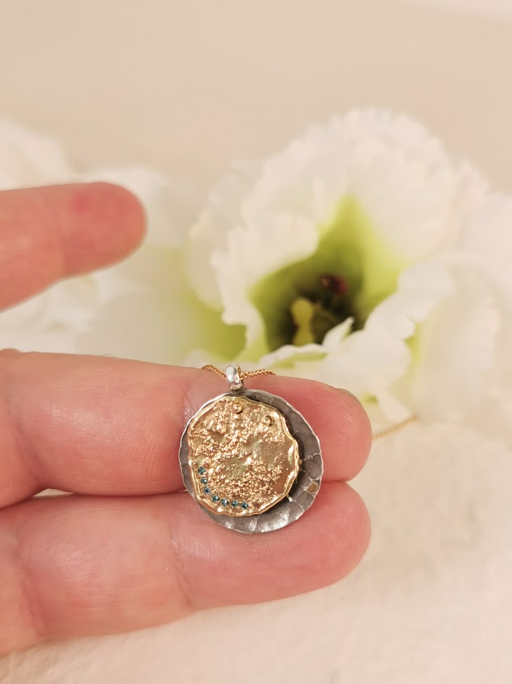 18k Gold Coin Medallion Pendant Necklace With Small Blue Diamonds