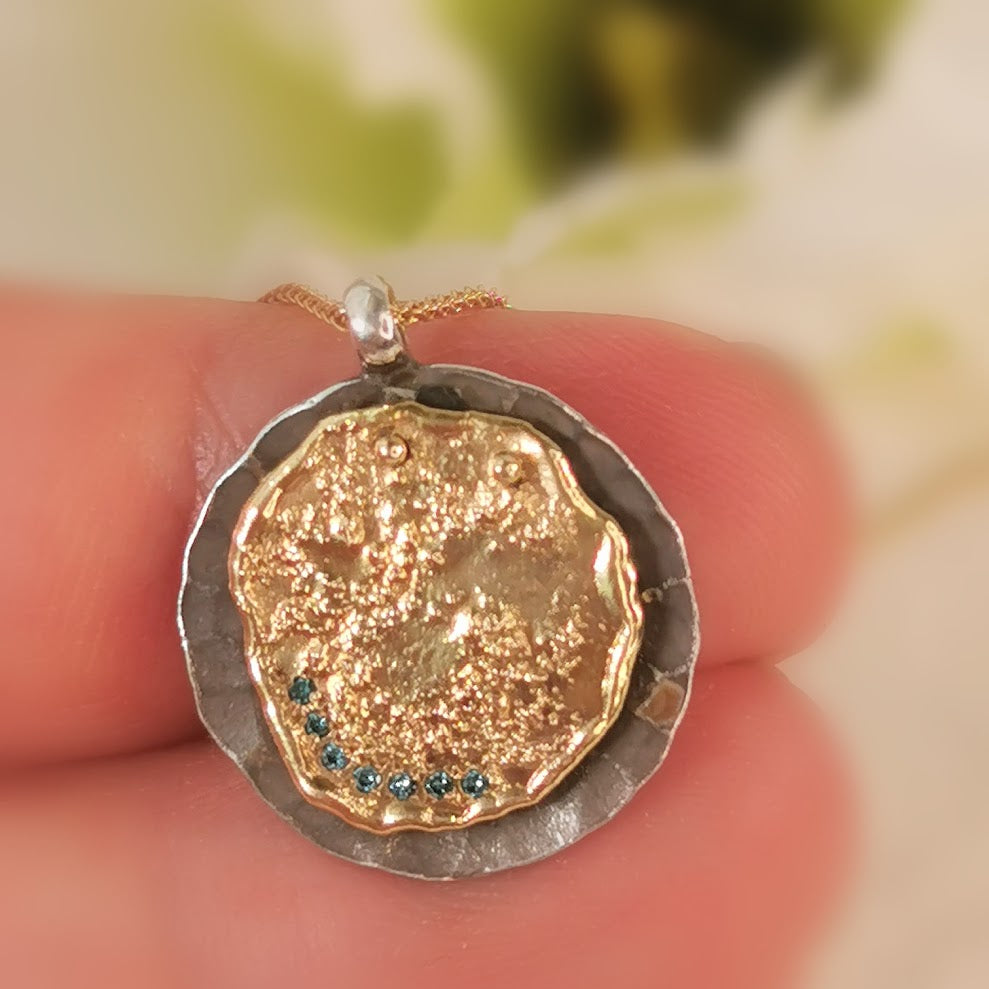 18k Gold Coin Medallion Pendant Necklace With Small Blue Diamonds