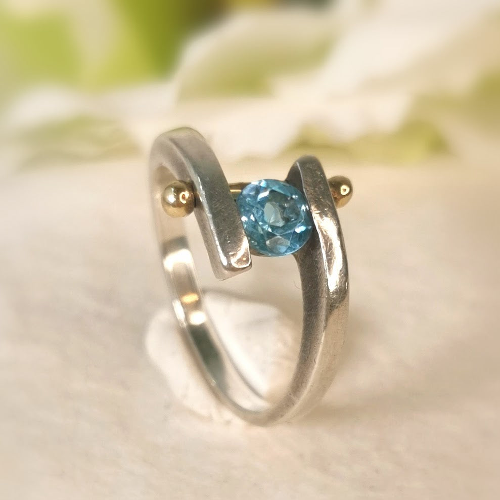 Blue Topaz Unique 14k White Gold Geometric Wrap Around Ring