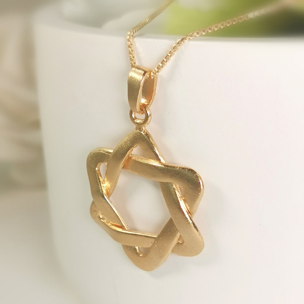 Curved Gold Star of David Pendant, Handmade Magen David Necklace