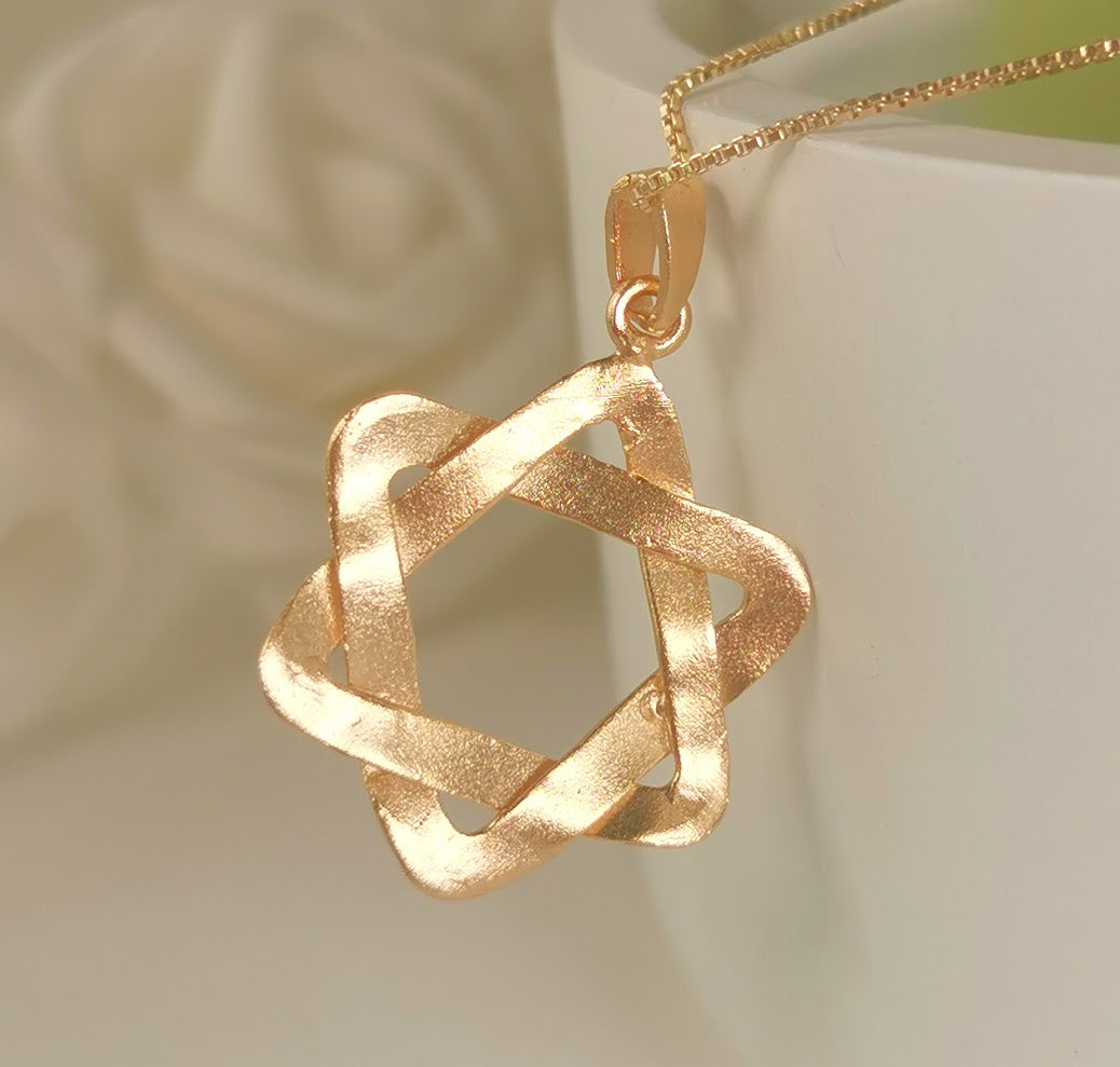 Curved Gold Star of David Pendant, Handmade Magen David Necklace