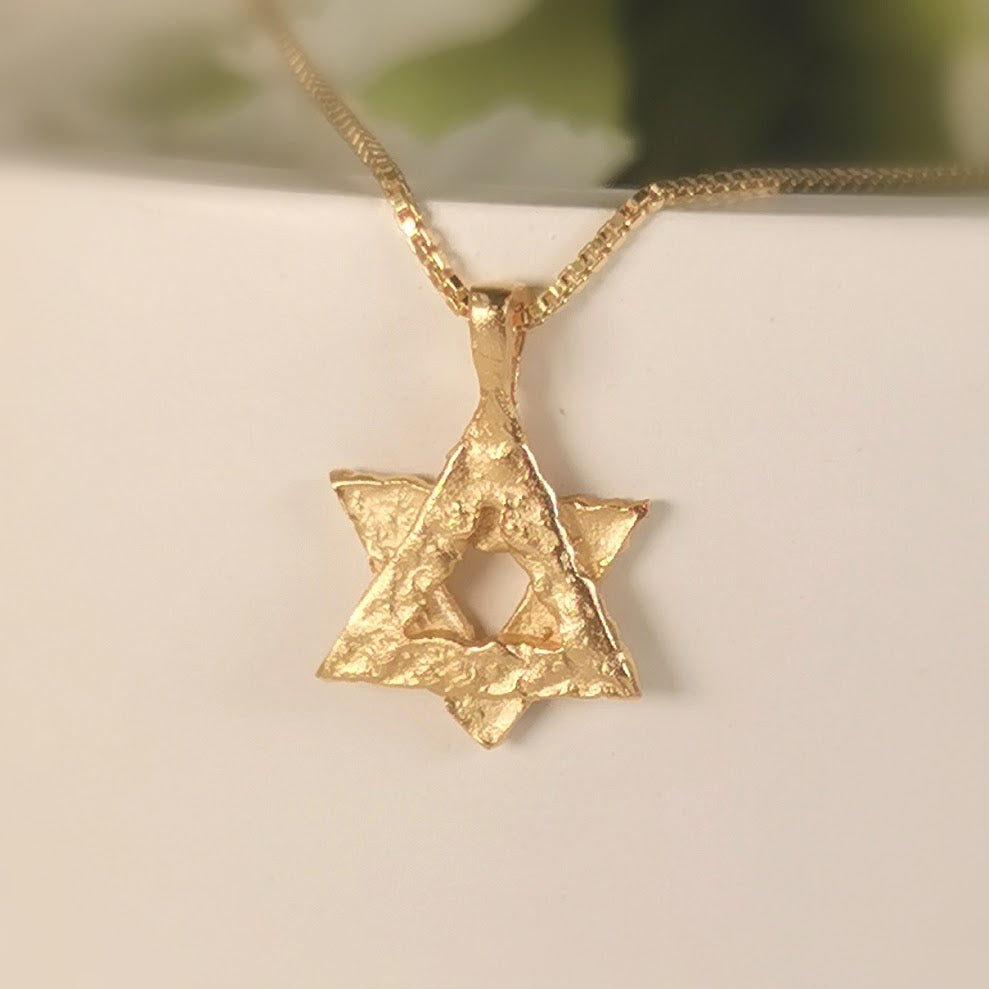 Textured Gold Rustic Star of David Pendant Necklace - Magen David Necklace