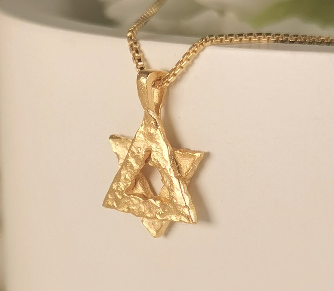 Textured Gold Rustic Star of David Pendant Necklace - Magen David Necklace