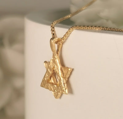 Textured Gold Rustic Star of David Pendant Necklace - Magen David Necklace