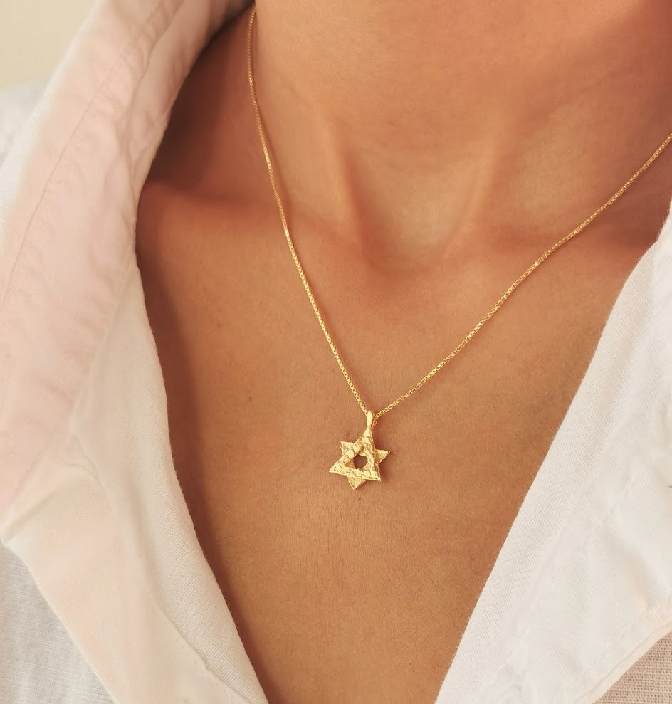 Textured Gold Rustic Star of David Pendant Necklace - Magen David Necklace