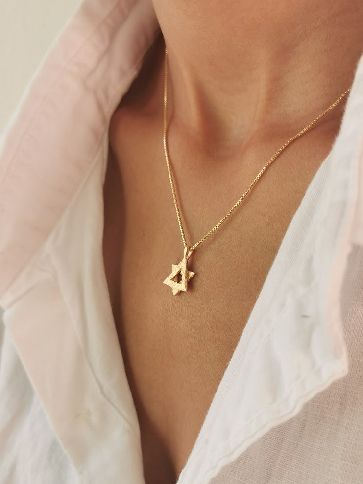 Textured Gold Rustic Star of David Pendant Necklace - Magen David Necklace