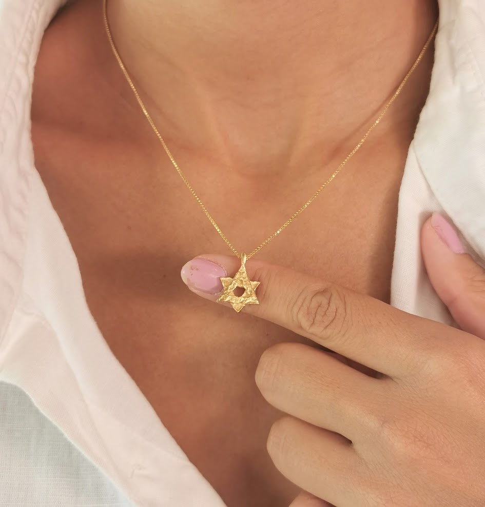 Textured Gold Rustic Star of David Pendant Necklace - Magen David Necklace