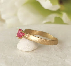 Half Carat Ruby Ring 18k Slim Yellow Gold Organic Textured Gold Band