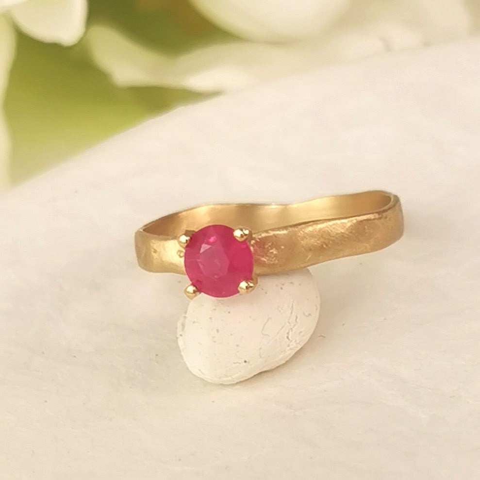 Half Carat Ruby Ring 18k Slim Yellow Gold Organic Textured Gold Band