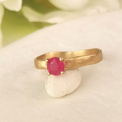 Half Carat Ruby Ring 18k Slim Yellow Gold Organic Textured Gold Band