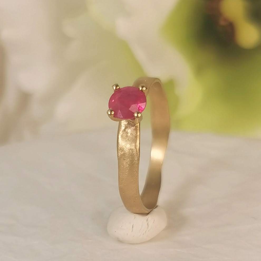 Half Carat Ruby Ring 18k Slim Yellow Gold Organic Textured Gold Band