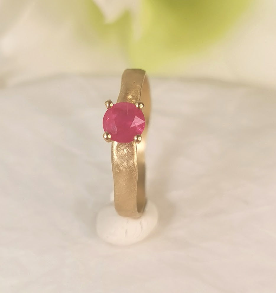 Half Carat Ruby Ring 18k Slim Yellow Gold Organic Textured Gold Band