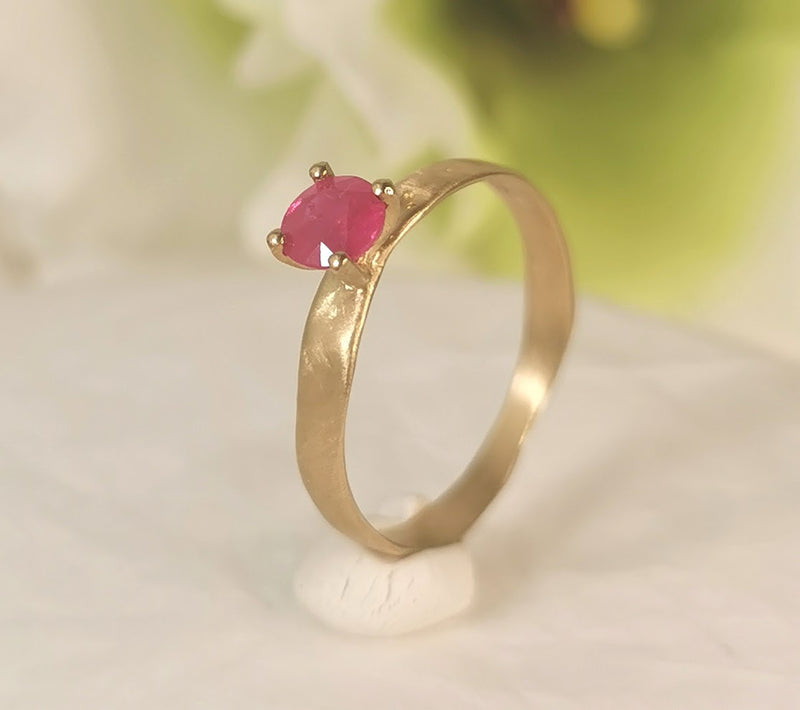 Half Carat Ruby Ring 18k Slim Yellow Gold Organic Textured Gold Band