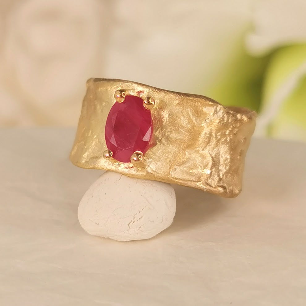 Red Ruby 12mm Wide 18k Textured Gold Band Ring