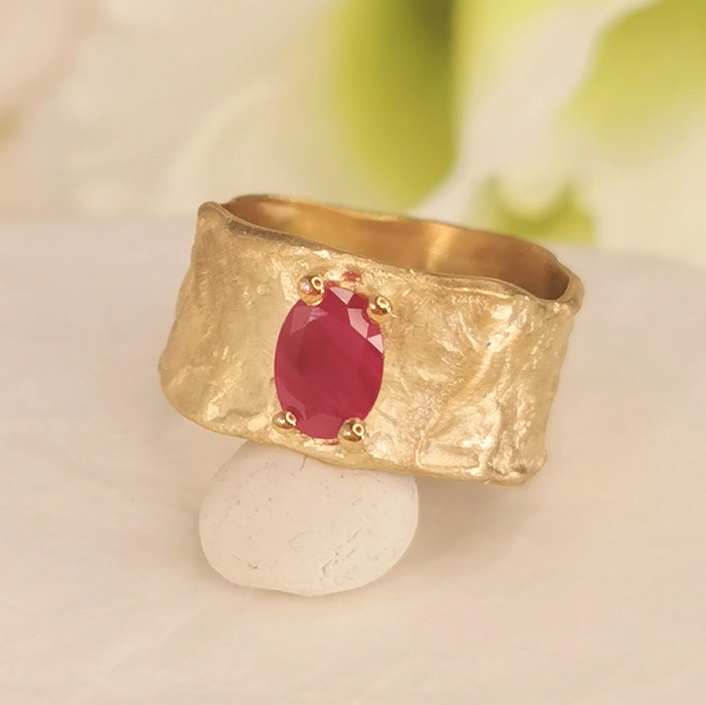 Red Ruby 12mm Wide 18k Textured Gold Band Ring