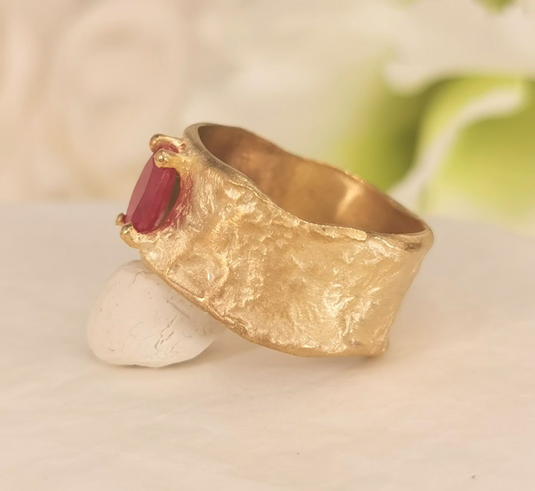 Red Ruby 12mm Wide 18k Textured Gold Band Ring