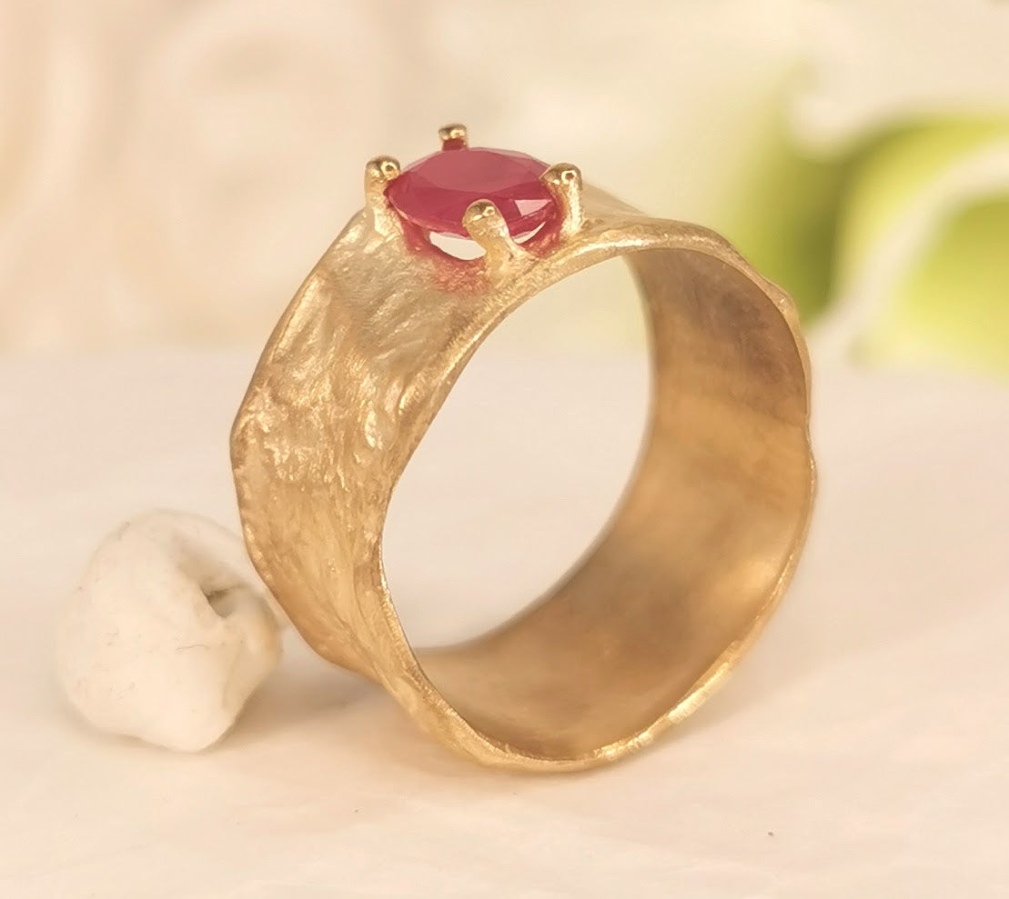 Red Ruby 12mm Wide 18k Textured Gold Band Ring